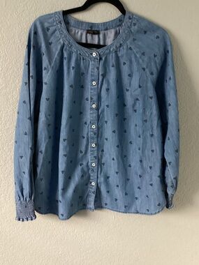 Talbots Light Blue Heart Print Button-Up Chambray Blouse
